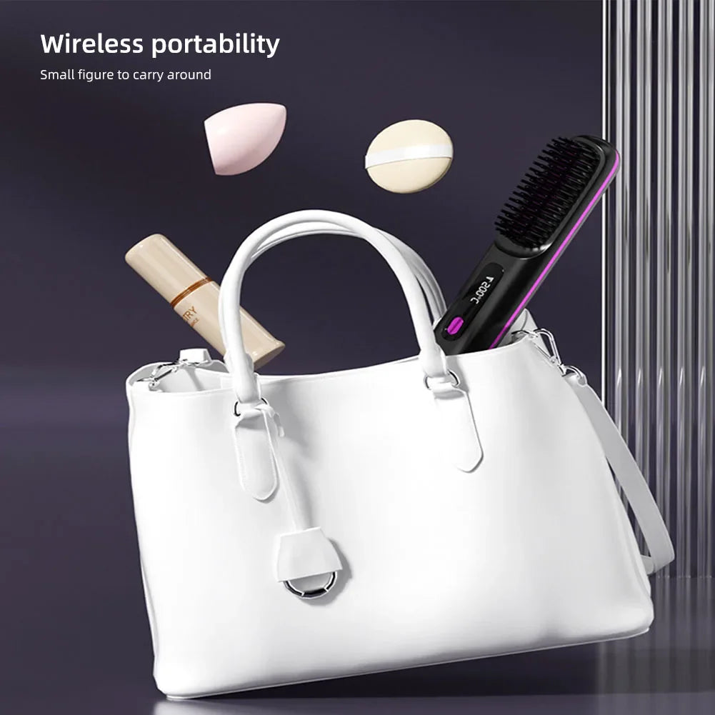 Cordless USB Rechargeable Hair Straightener Brush with Negative Ion Technology for Styling and Detangling Curly Hair