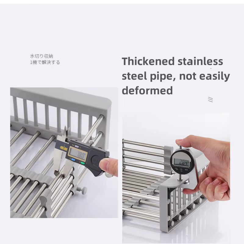 Extendable Stainless Steel Kitchen Sink Drain Rack for Dish Drying and Fruit/Vegetable Washing Storage