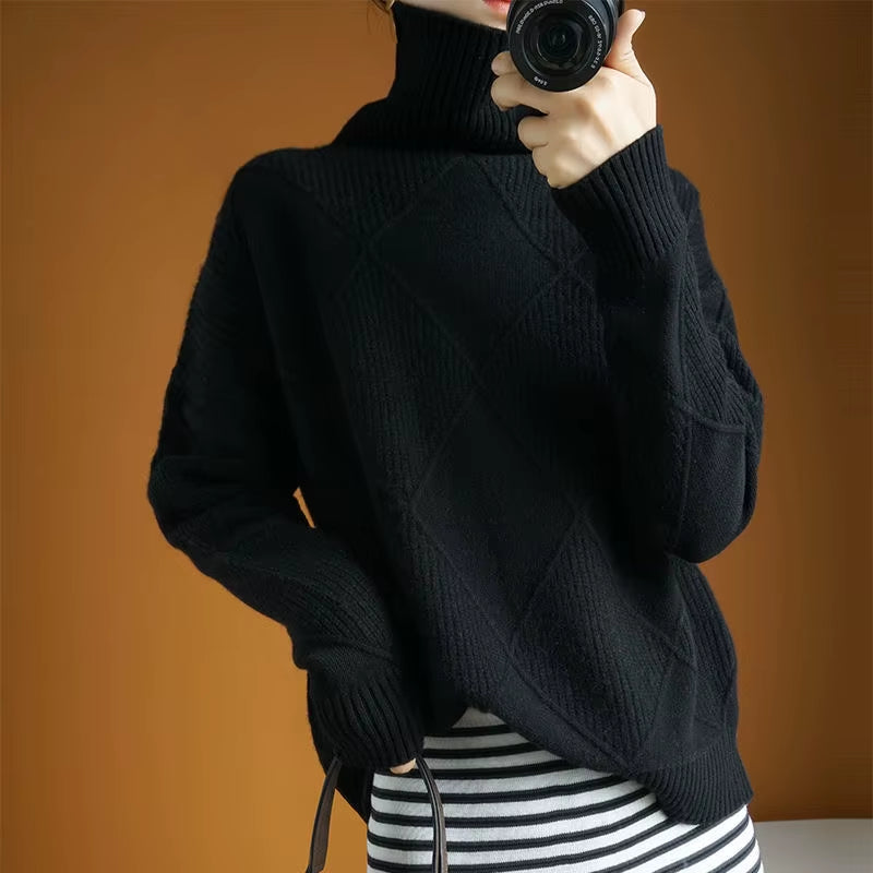 Chic Women's Thickened High Collar Pullover Sweater - Cozy Knitted Wool for Stylish Autumn & Winter, Model DF4845