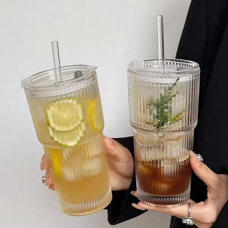 600ML Transparent Stripe Glass Coffee Cup with Lid and Straw - Versatile Drinkware for Juice, Milk Tea, and Iced Coffee