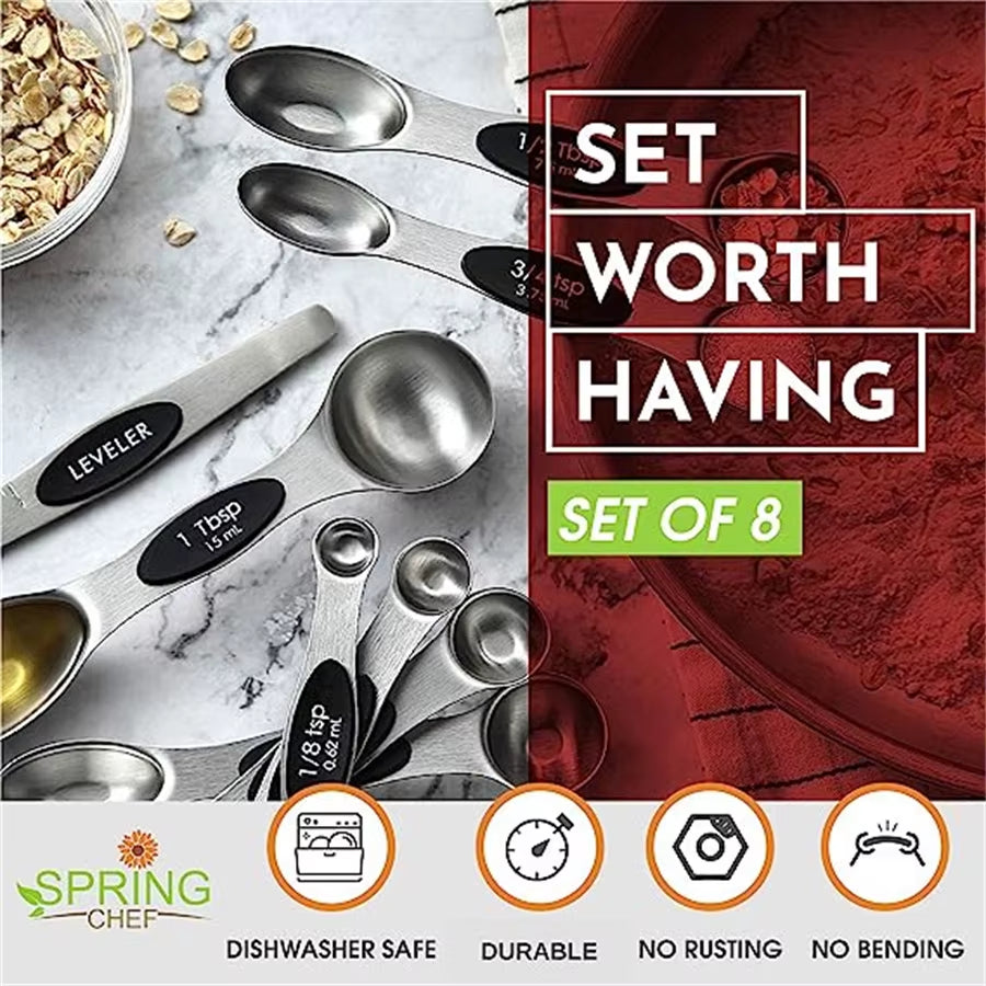 Heavy-Duty Stainless Steel Magnetic Measuring Spoons Set for Baking and Cooking, Compatible with Most Kitchen Spice Containers