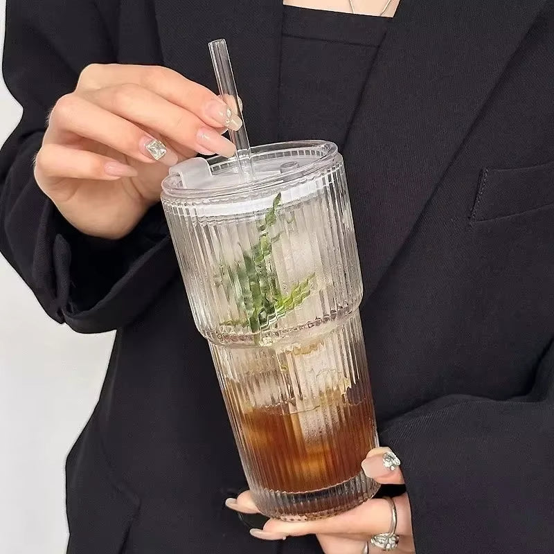 600ML Transparent Stripe Glass Coffee Cup with Lid and Straw - Versatile Drinkware for Juice, Milk Tea, and Iced Coffee