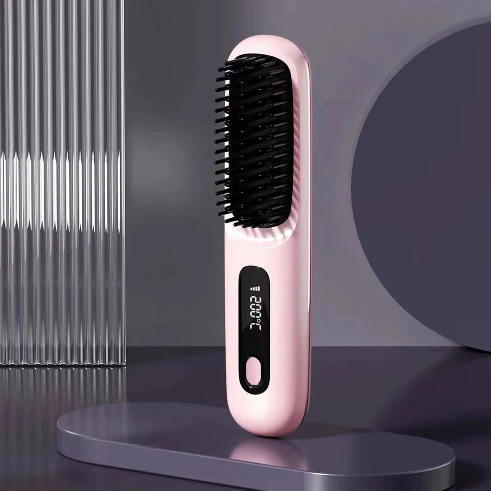 Cordless USB Rechargeable Hair Straightener Brush with Negative Ion Technology for Styling and Detangling Curly Hair