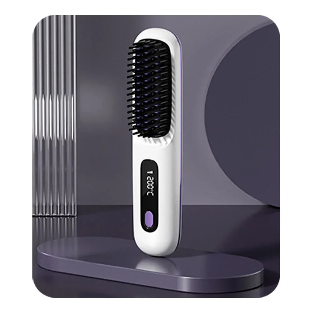 Cordless USB Rechargeable Hair Straightener Brush with Negative Ion Technology for Styling and Detangling Curly Hair