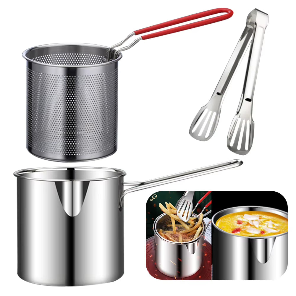 304 Stainless Steel Deep Frying Pot with Strainer - Professional Tempura Fryer for French Fries and Chicken Cooking Tools