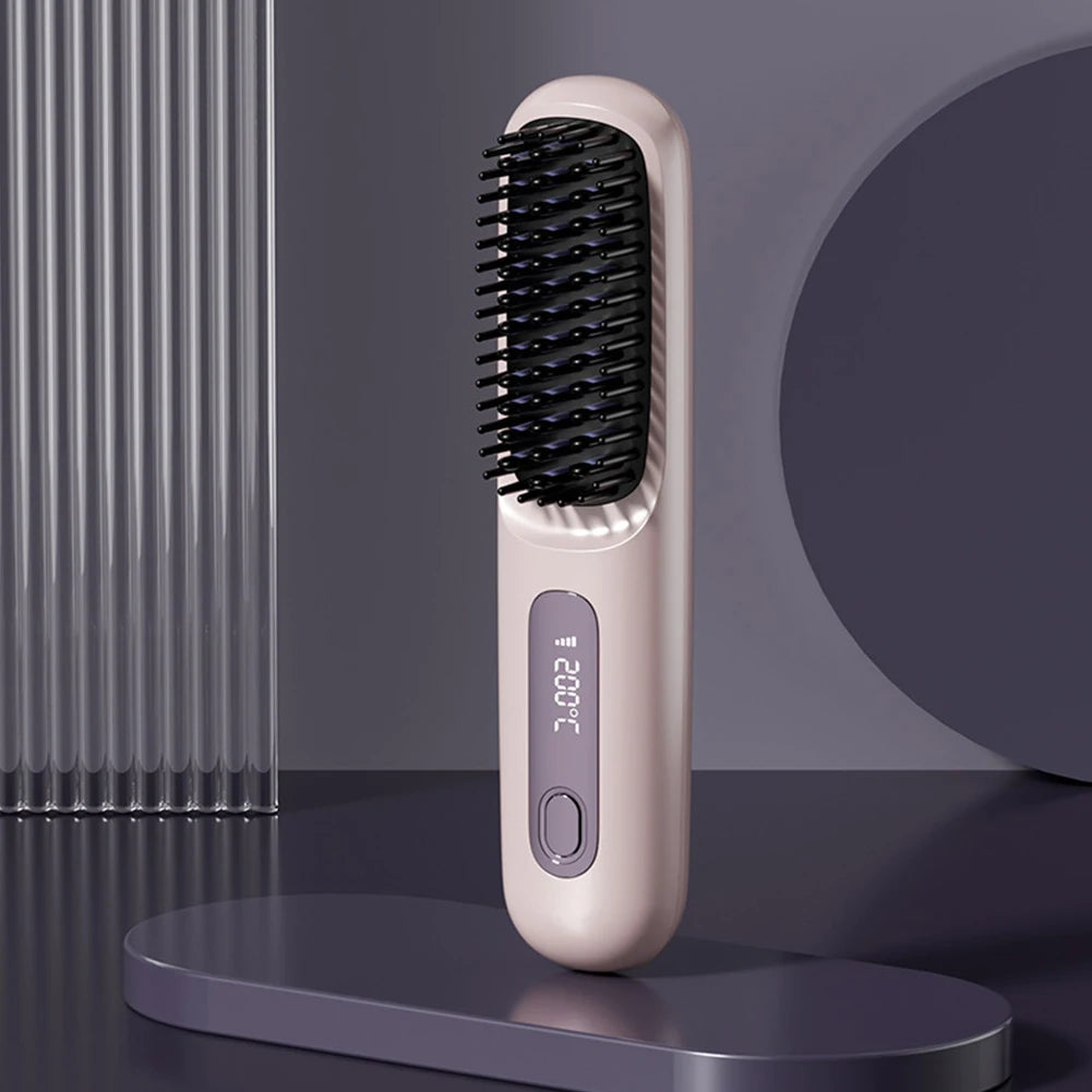 Cordless USB Rechargeable Hair Straightener Brush with Negative Ion Technology for Styling and Detangling Curly Hair