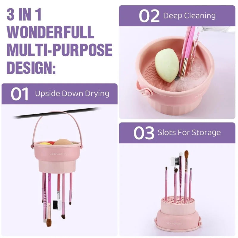 Ultimate 3-in-1 Silicone Makeup Brush Cleaner Mat with Foldable Washing Bowl & Drying Tools for Perfectly Clean Brushes and Sponges
