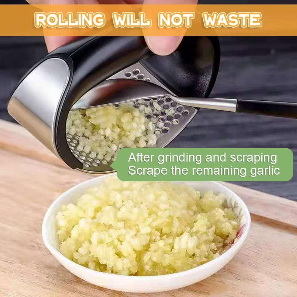 Stainless Steel Manual Garlic Press and Chopper - Versatile Kitchen Gadget for Fruits and Vegetables