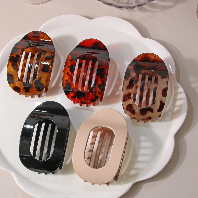 Elegant Leopard Print Oval Flat Hair Clips for Women - Trendy French Claw Hair Accessories