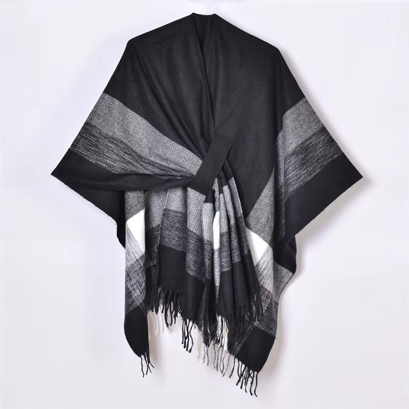 Chic Women's Shawl Wrap - Cozy Open Front Poncho Cape with Tassel Accents for Autumn and Winter