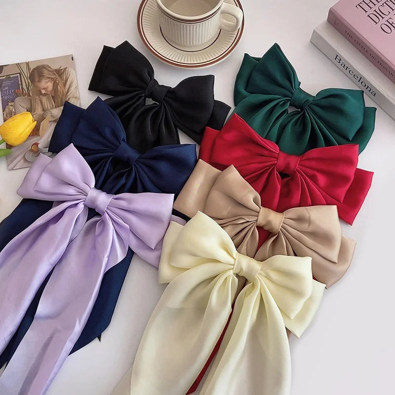 Elegant Bow Ribbon Hair Clip for Women and Girls – Solid Satin Barrettes and Ponytail Accessories, Ideal Gift for Spring