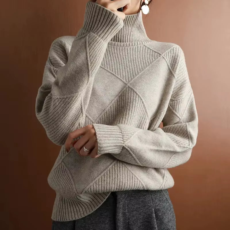 Chic Women's Thickened High Collar Pullover Sweater - Cozy Knitted Wool for Stylish Autumn & Winter, Model DF4845