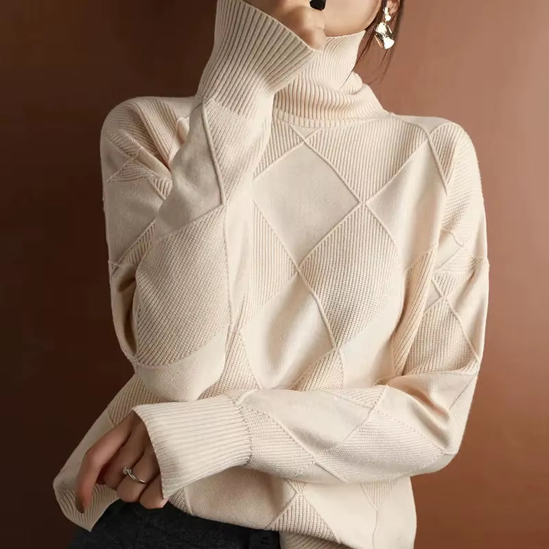 Chic Women's Thickened High Collar Pullover Sweater - Cozy Knitted Wool for Stylish Autumn & Winter, Model DF4845