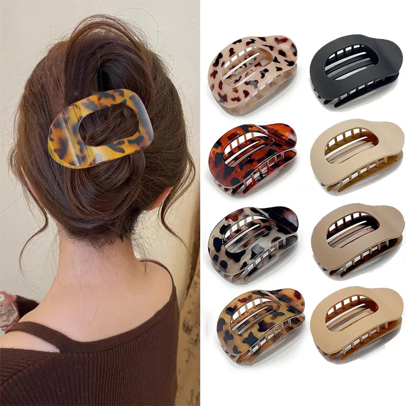 Elegant Leopard Print Oval Flat Hair Clips for Women - Trendy French Claw Hair Accessories