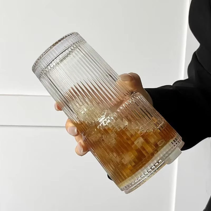 600ML Transparent Stripe Glass Coffee Cup with Lid and Straw - Versatile Drinkware for Juice, Milk Tea, and Iced Coffee