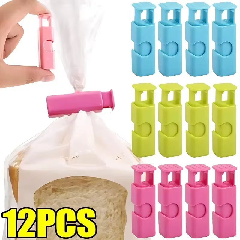 12-Pack Reusable Squeeze Bread Bag Clips - Fresh Food Seal Plastic Clips for Snack Storage in Home Kitchen