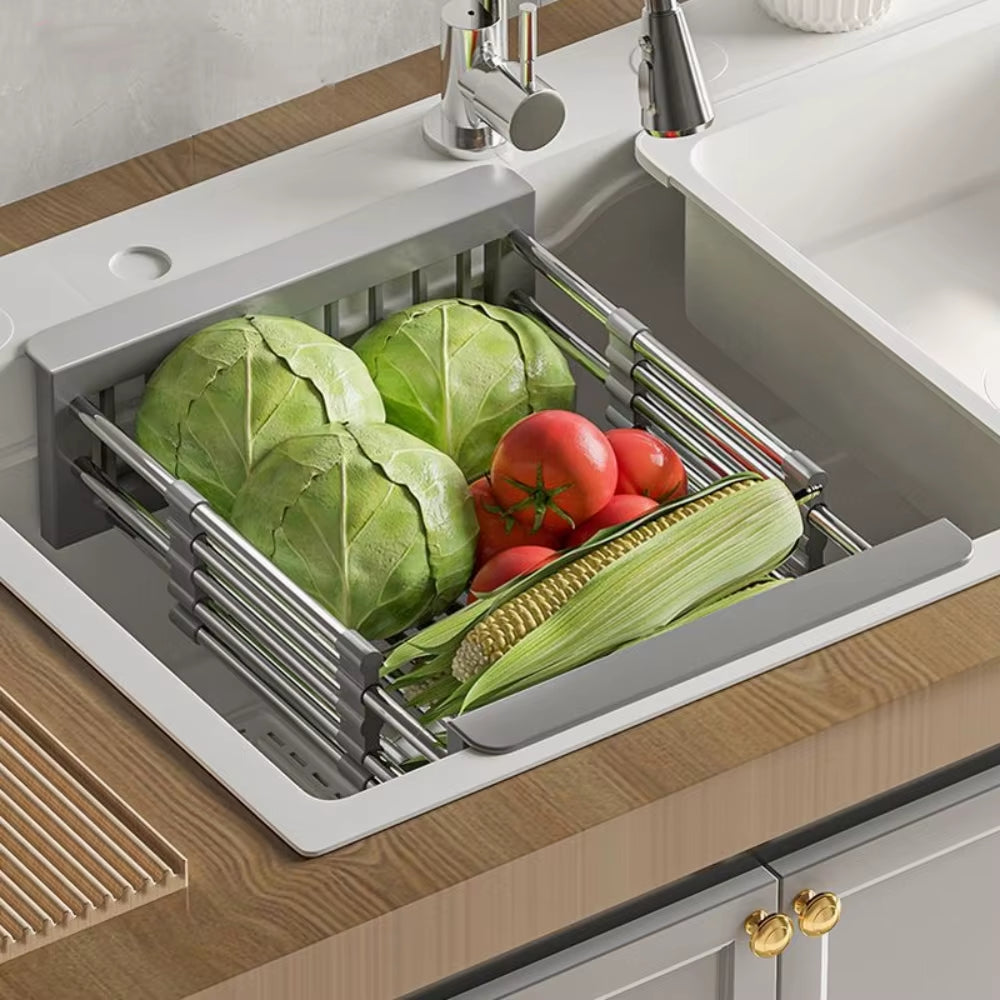 Extendable Stainless Steel Kitchen Sink Drain Rack for Dish Drying and Fruit/Vegetable Washing Storage