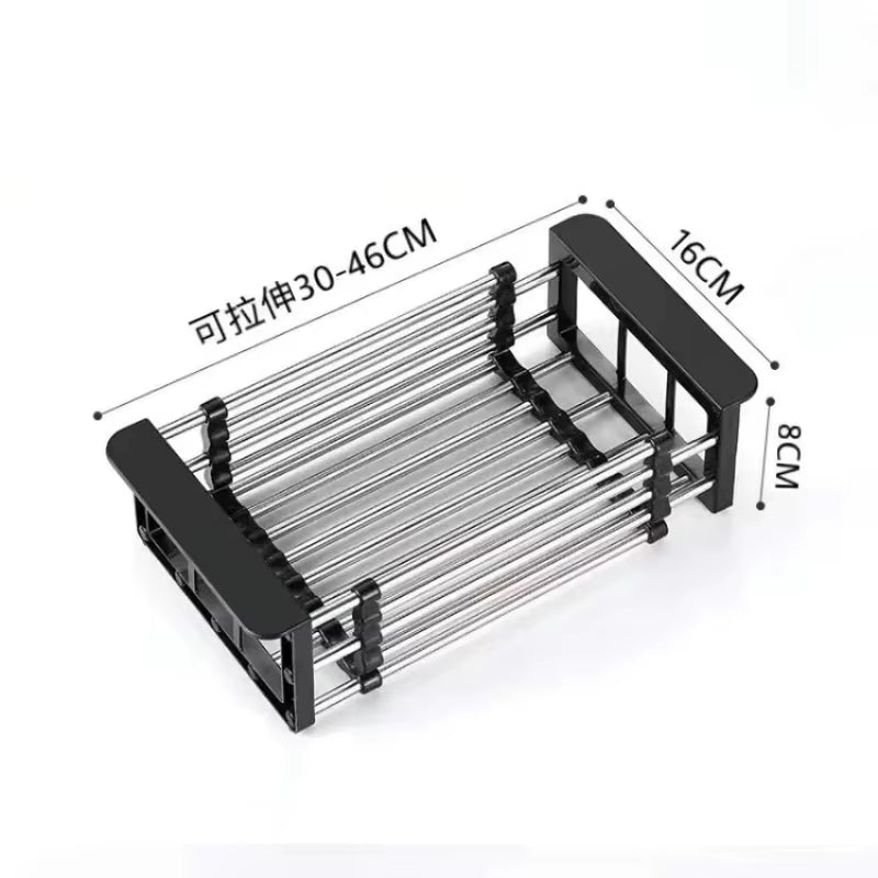 Extendable Stainless Steel Kitchen Sink Drain Rack for Dish Drying and Fruit/Vegetable Washing Storage