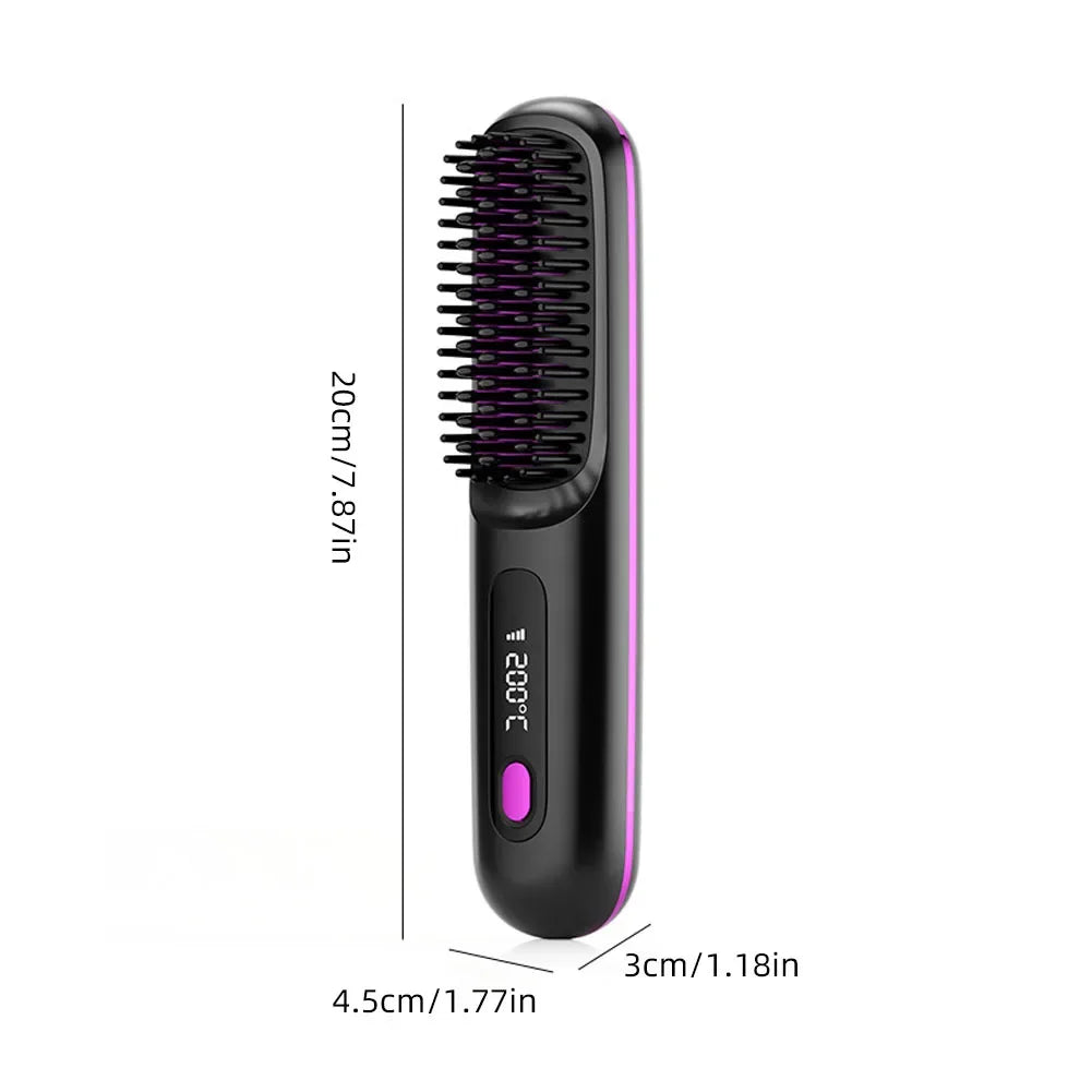 Cordless USB Rechargeable Hair Straightener Brush with Negative Ion Technology for Styling and Detangling Curly Hair