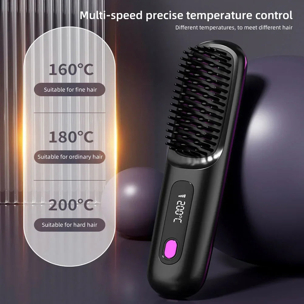 Cordless USB Rechargeable Hair Straightener Brush with Negative Ion Technology for Styling and Detangling Curly Hair