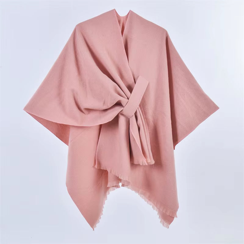 Chic Women's Shawl Wrap - Cozy Open Front Poncho Cape with Tassel Accents for Autumn and Winter
