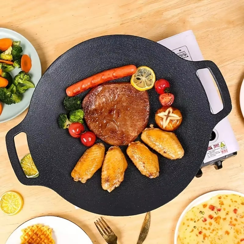 Cast Iron Non-Stick Round Roasting Pan with Double Handles for Korean BBQ and Crepes