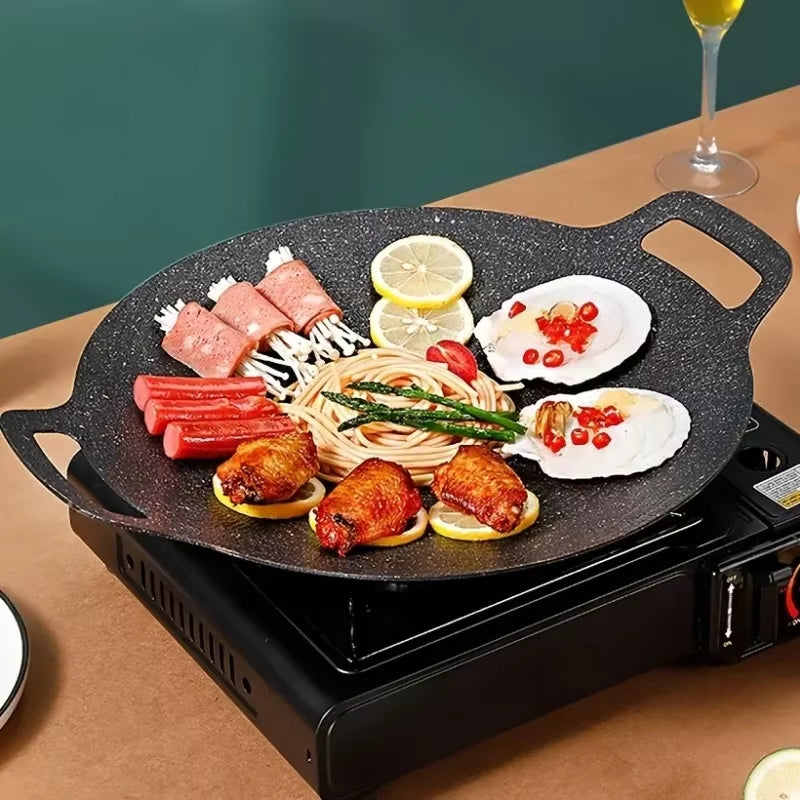 Cast Iron Non-Stick Round Roasting Pan with Double Handles for Korean BBQ and Crepes