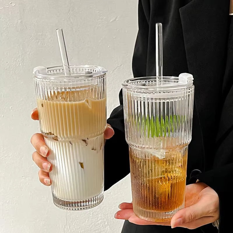 600ML Transparent Stripe Glass Coffee Cup with Lid and Straw - Versatile Drinkware for Juice, Milk Tea, and Iced Coffee