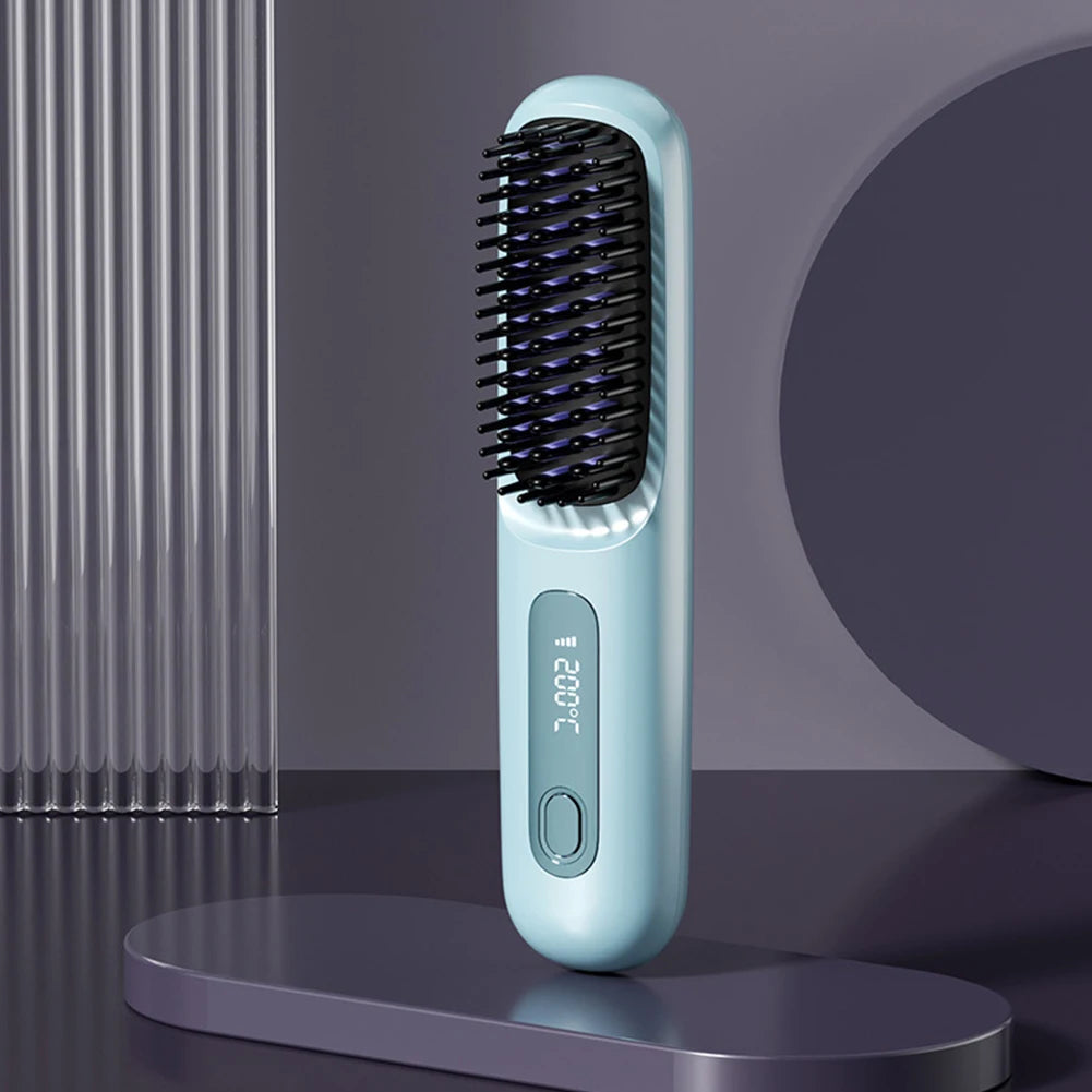 Cordless USB Rechargeable Hair Straightener Brush with Negative Ion Technology for Styling and Detangling Curly Hair
