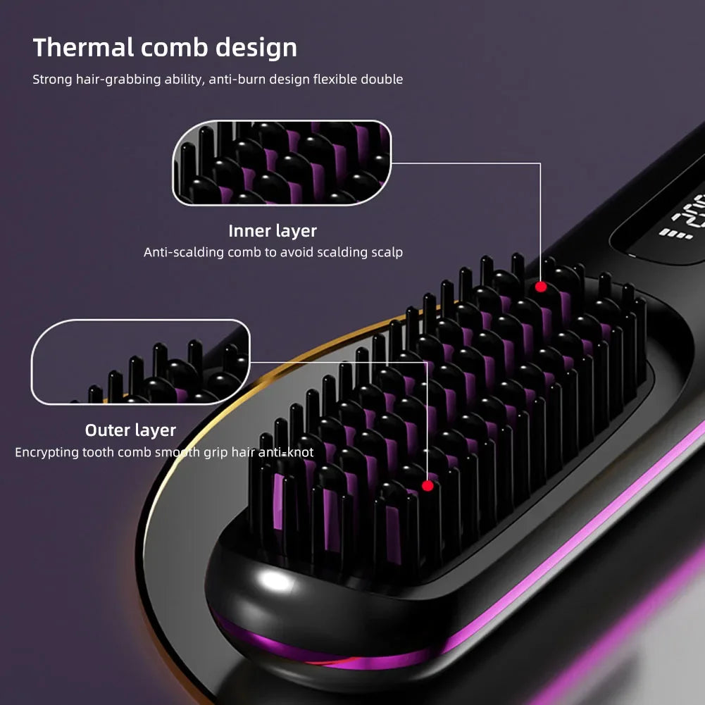 Cordless USB Rechargeable Hair Straightener Brush with Negative Ion Technology for Styling and Detangling Curly Hair
