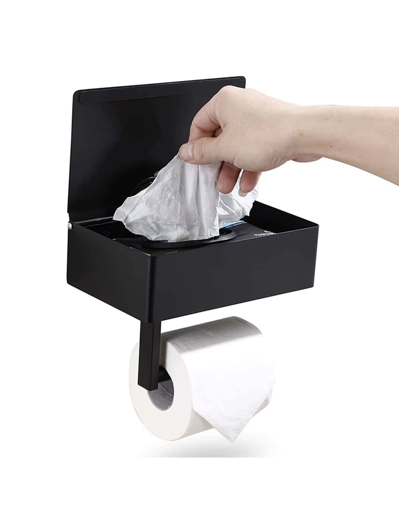Black Iron Wall-Mounted Toilet Paper and Wet Wipes Holder with Storage Space for Bathroom Use