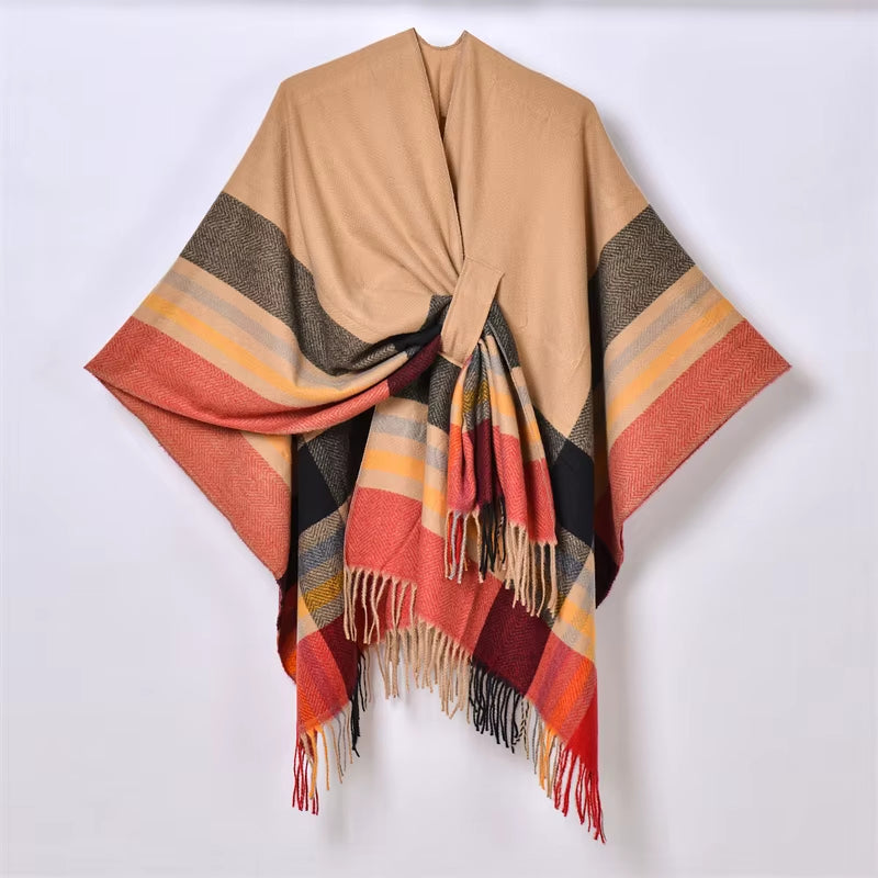 Chic Women's Shawl Wrap - Cozy Open Front Poncho Cape with Tassel Accents for Autumn and Winter