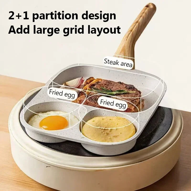 Multi-Section Nonstick Breakfast Frying Pan for Eggs, Burgers, and Steaks - Three-in-One Cookware Omelet Pan