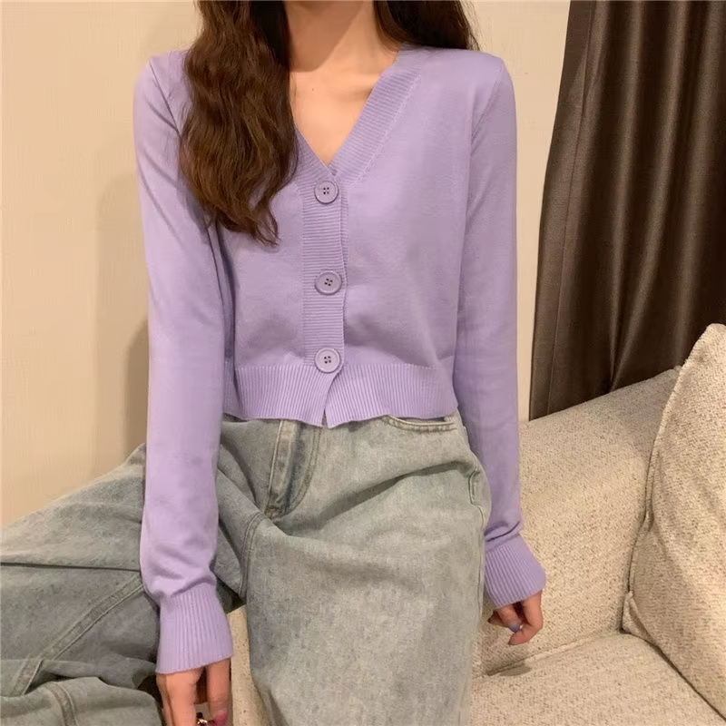 Chic Korean-Inspired Cropped Cardigan for Women - Stylish Long Sleeve V-Neck Sweater in Trendy Green and Blue