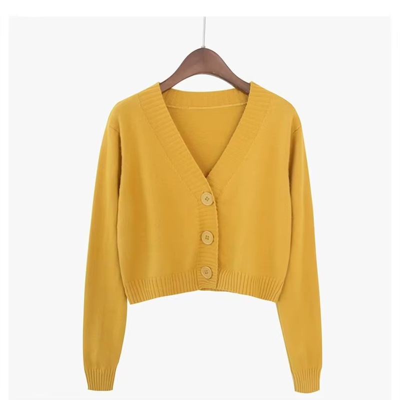 Chic Korean-Inspired Cropped Cardigan for Women - Stylish Long Sleeve V-Neck Sweater in Trendy Green and Blue
