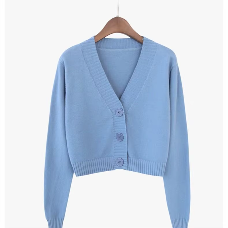Chic Korean-Inspired Cropped Cardigan for Women - Stylish Long Sleeve V-Neck Sweater in Trendy Green and Blue