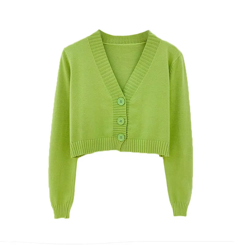 Chic Korean-Inspired Cropped Cardigan for Women - Stylish Long Sleeve V-Neck Sweater in Trendy Green and Blue