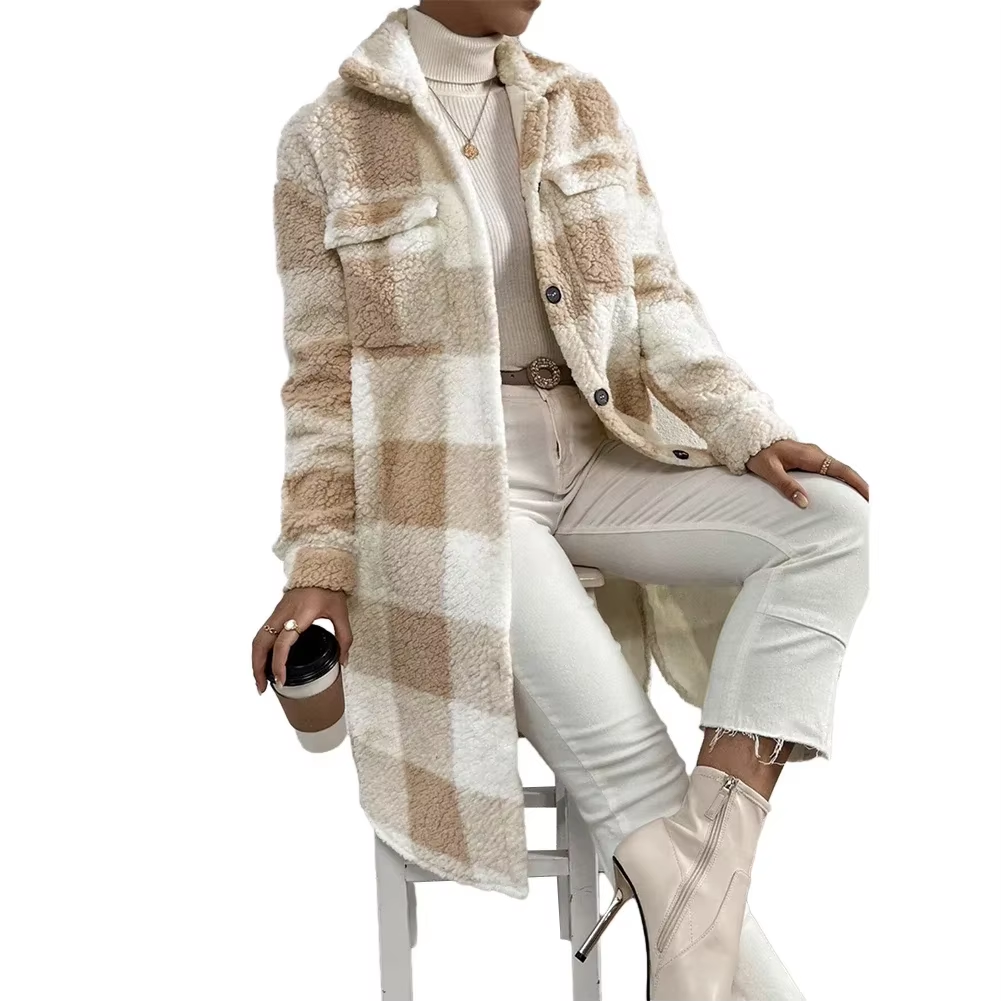 Chic Ladies' Winter Plaid Long Jacket - Cozy Tartan Shacket Cardigan for Ultimate Warmth