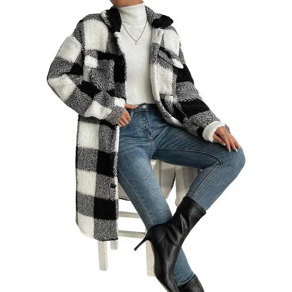 Chic Ladies' Winter Plaid Long Jacket - Cozy Tartan Shacket Cardigan for Ultimate Warmth