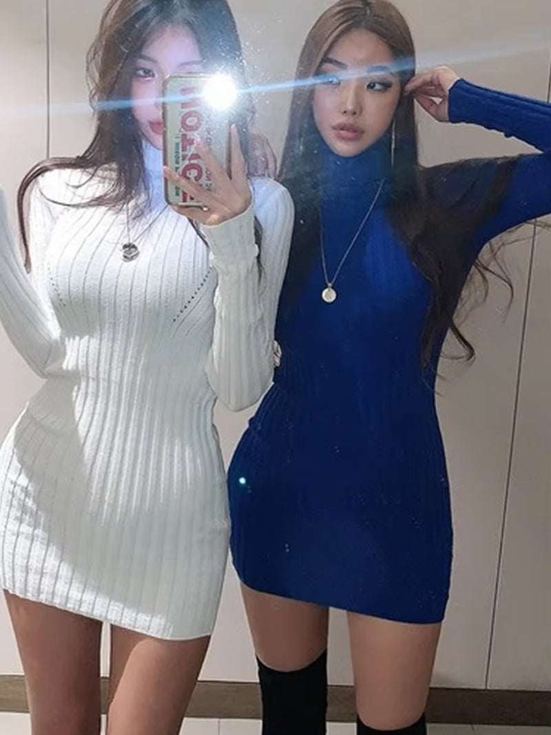 Chic Vintage Oversized Long Sleeve Bodycon Sweater Dress in Fall Blue