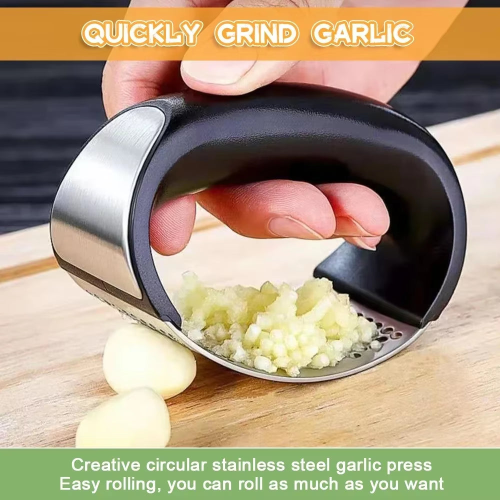 Stainless Steel Manual Garlic Press and Chopper - Versatile Kitchen Gadget for Fruits and Vegetables