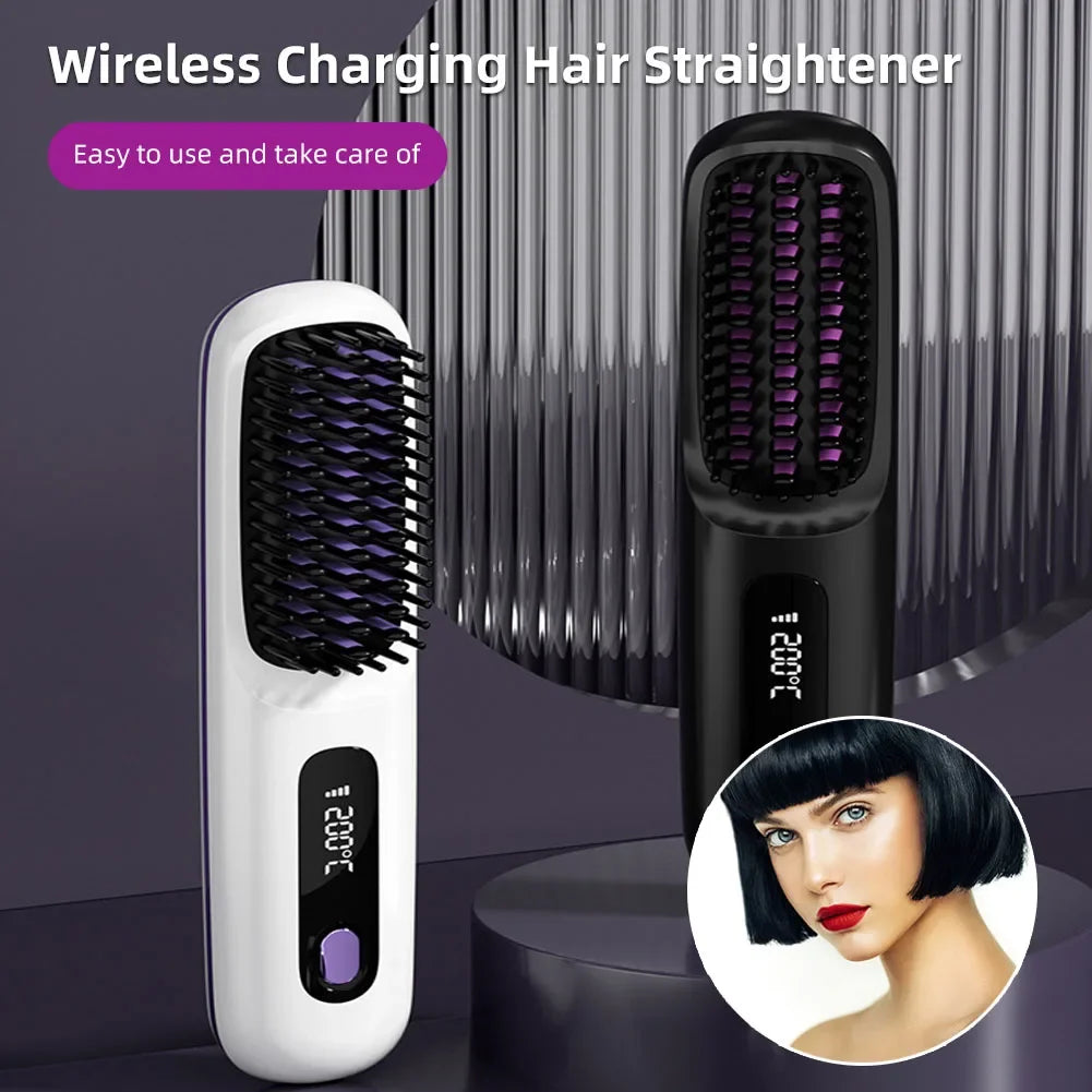 Cordless USB Rechargeable Hair Straightener Brush with Negative Ion Technology for Styling and Detangling Curly Hair