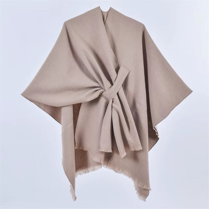 Chic Women's Shawl Wrap - Cozy Open Front Poncho Cape with Tassel Accents for Autumn and Winter