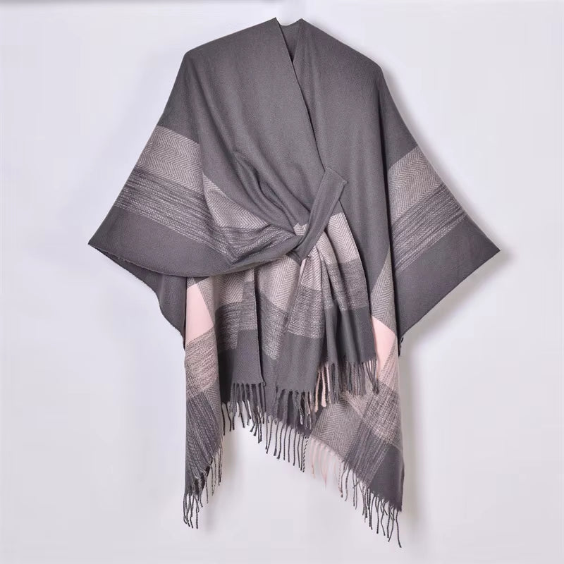 Chic Women's Shawl Wrap - Cozy Open Front Poncho Cape with Tassel Accents for Autumn and Winter