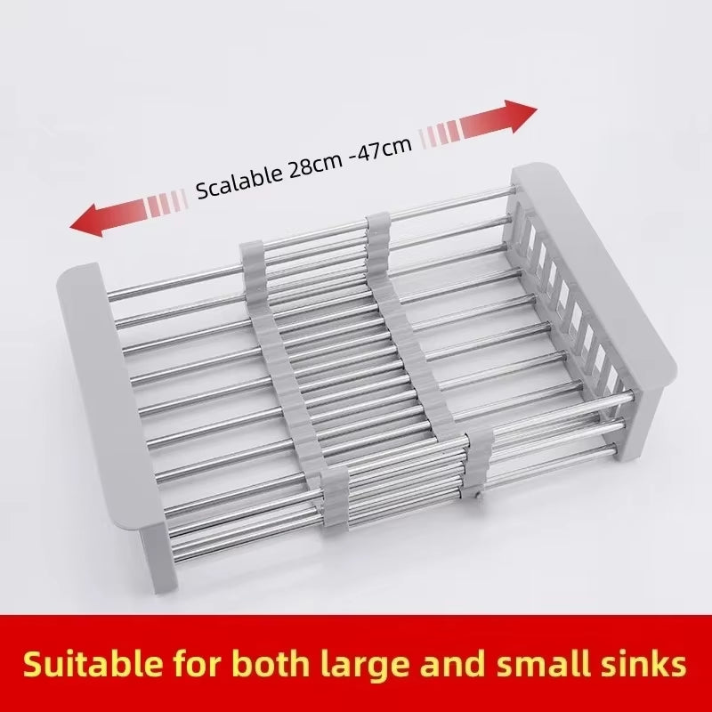 Extendable Stainless Steel Kitchen Sink Drain Rack for Dish Drying and Fruit/Vegetable Washing Storage