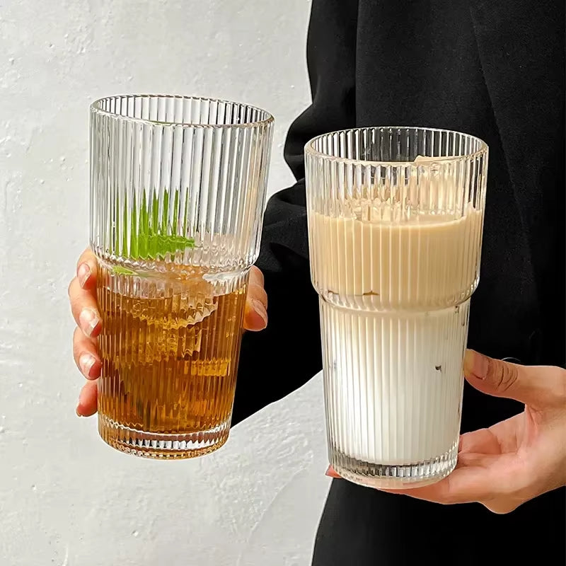 600ML Transparent Stripe Glass Coffee Cup with Lid and Straw - Versatile Drinkware for Juice, Milk Tea, and Iced Coffee