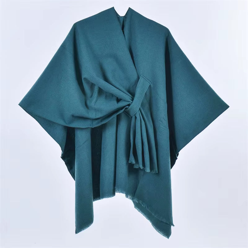 Chic Women's Shawl Wrap - Cozy Open Front Poncho Cape with Tassel Accents for Autumn and Winter