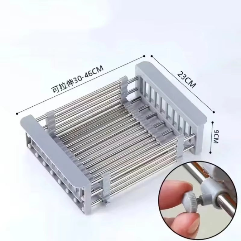 Extendable Stainless Steel Kitchen Sink Drain Rack for Dish Drying and Fruit/Vegetable Washing Storage