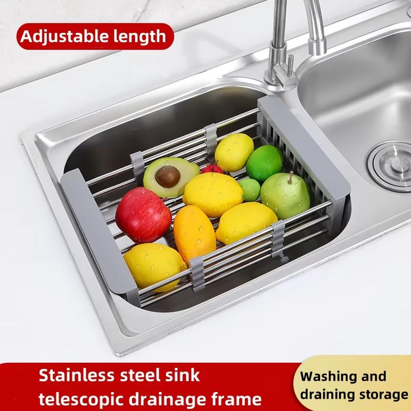 Extendable Stainless Steel Kitchen Sink Drain Rack for Dish Drying and Fruit/Vegetable Washing Storage