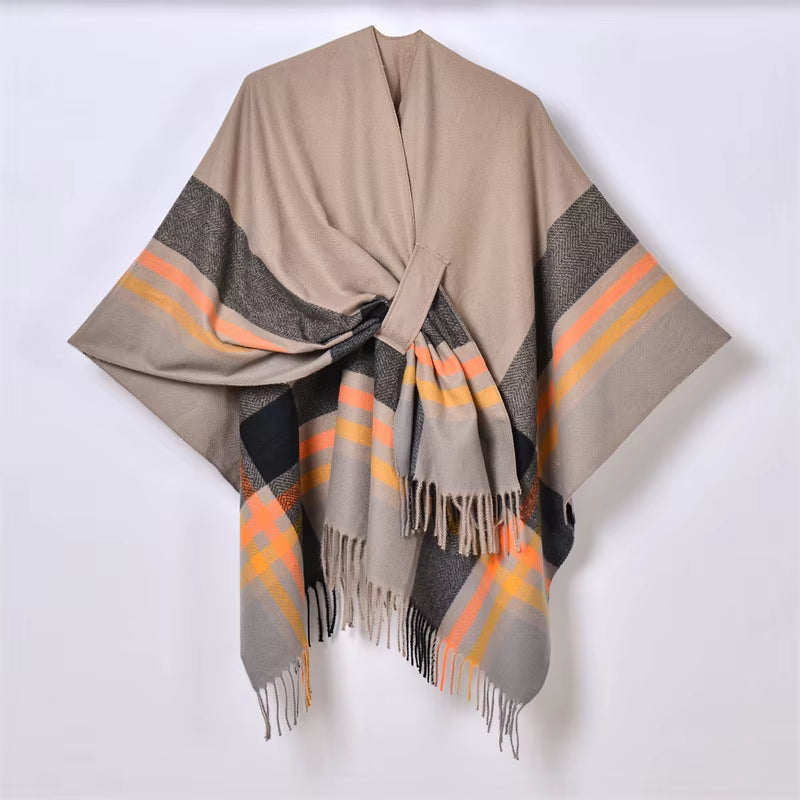 Chic Women's Shawl Wrap - Cozy Open Front Poncho Cape with Tassel Accents for Autumn and Winter